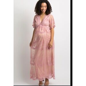 PinkBlush Lace Mesh Overlay Maternity Dress Women L Pink